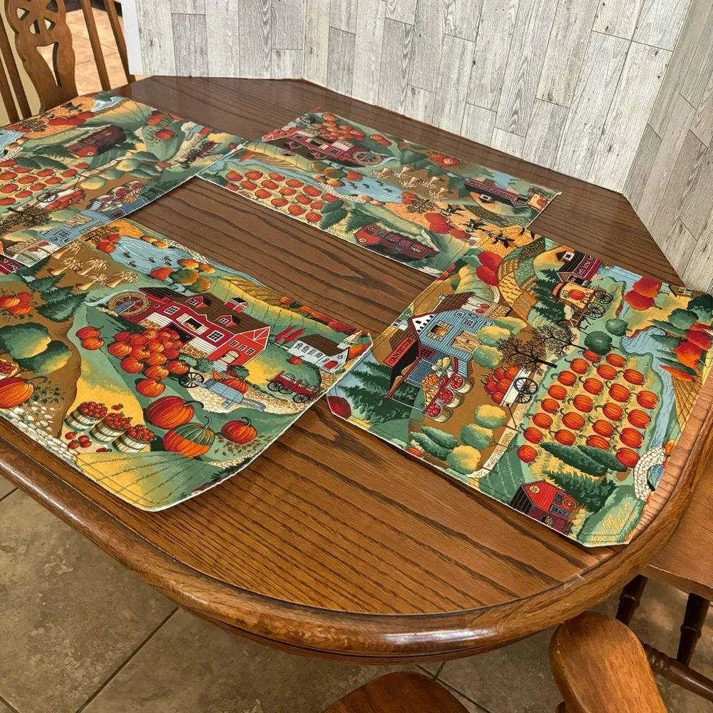 Placemats (4) Fabric, Thanksgiving,Country Farm, Farmhouse, Fall Foliage, Autumn